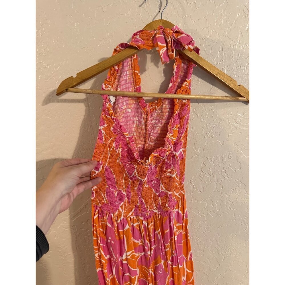 Y Japna Rayon Orange & Pink Beachy Crinkle Floral Print Feminine Spring Dress - Picture 6 of 9